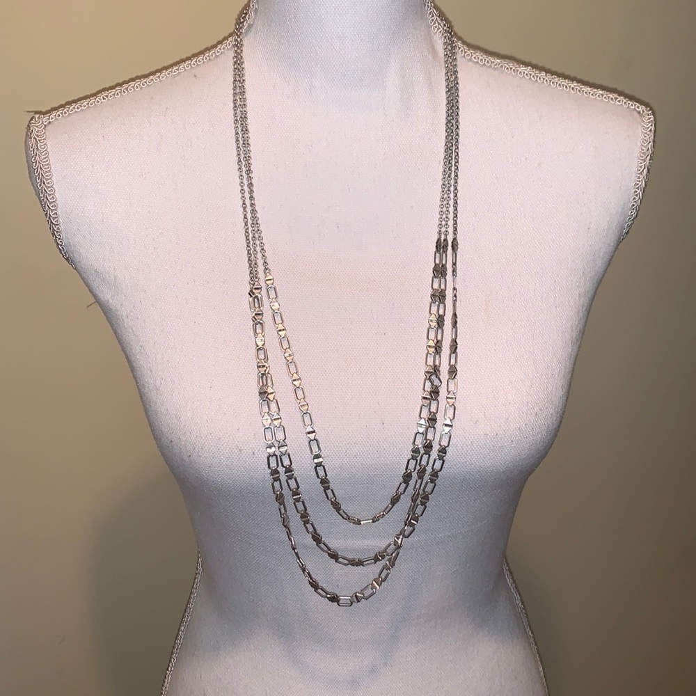 Three Strands Lucky Brand Flat Chains Silver Tone Long Necklace